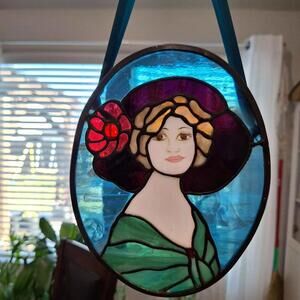 Stained Glass Victorian Woman Art 8.5"x6.5" Oval Panel Hat Flower Ribbon Hanger